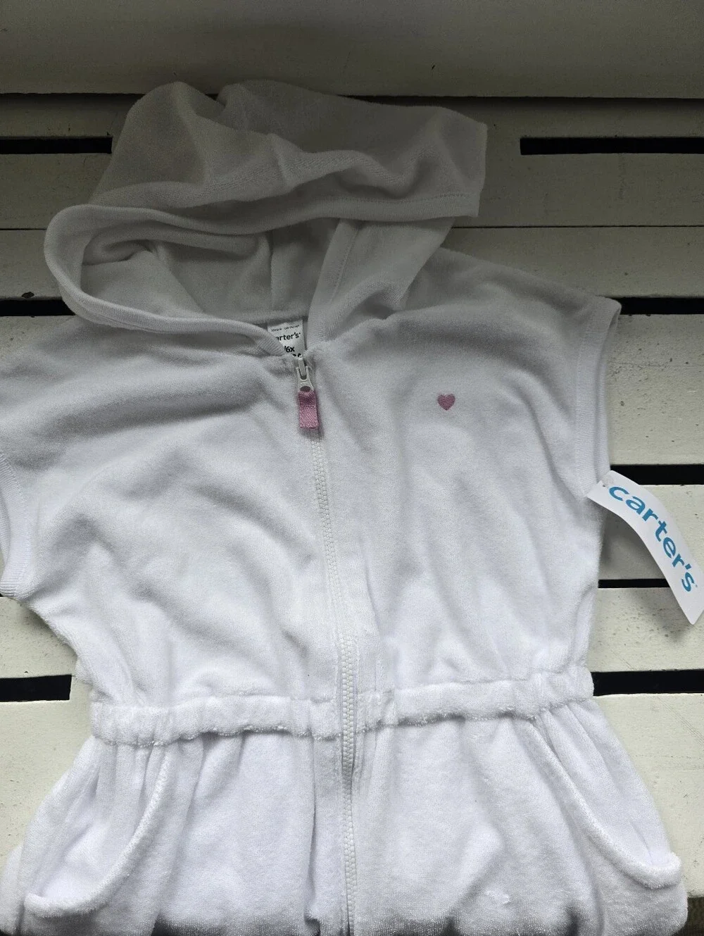 White Carters Swim Terry Cover UP with Pink Heart Zip